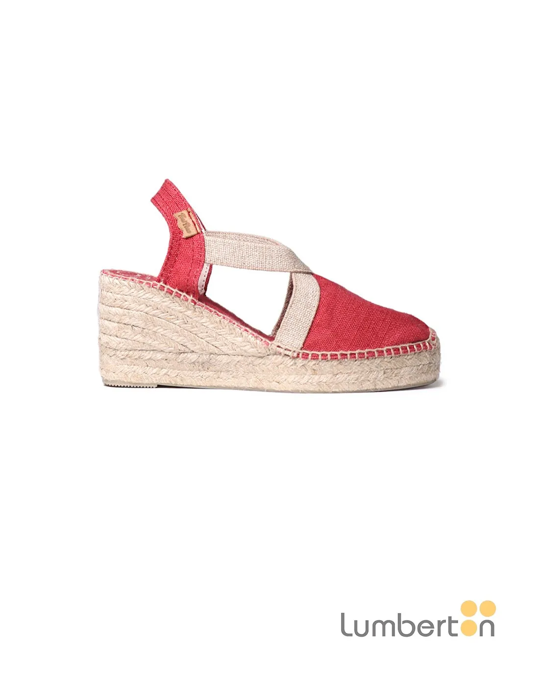 Sandalia tela roja cuña alta esparto TODAR
