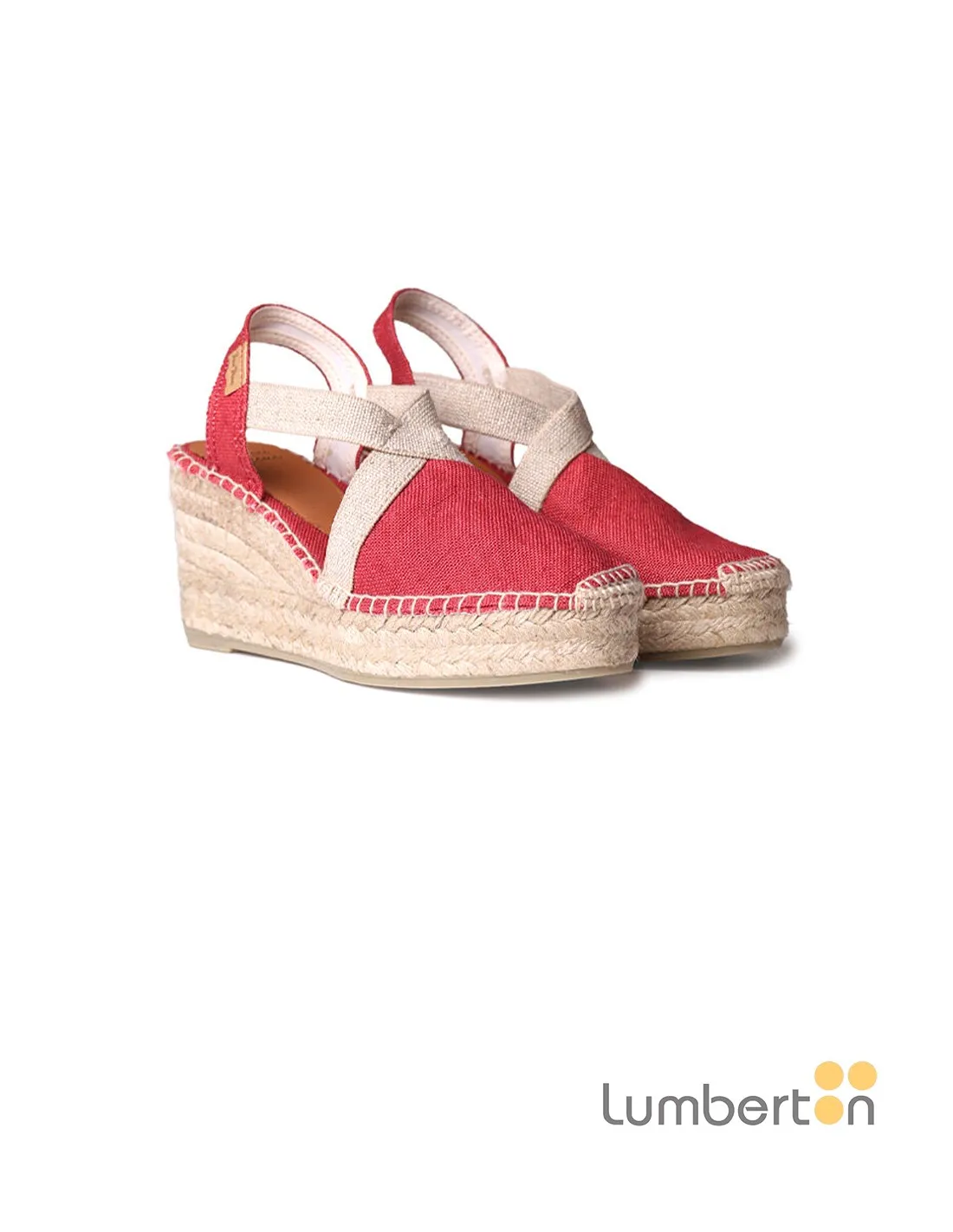 Sandalia tela roja cuña alta esparto TODAR