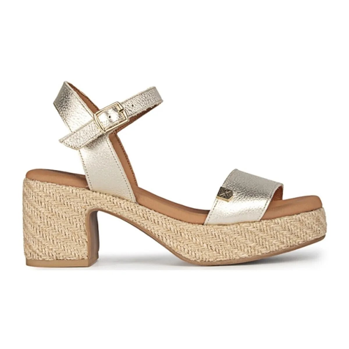 SANDALIAS DE YUTE CON TACÓN  BELICHE LAMINADO ORO