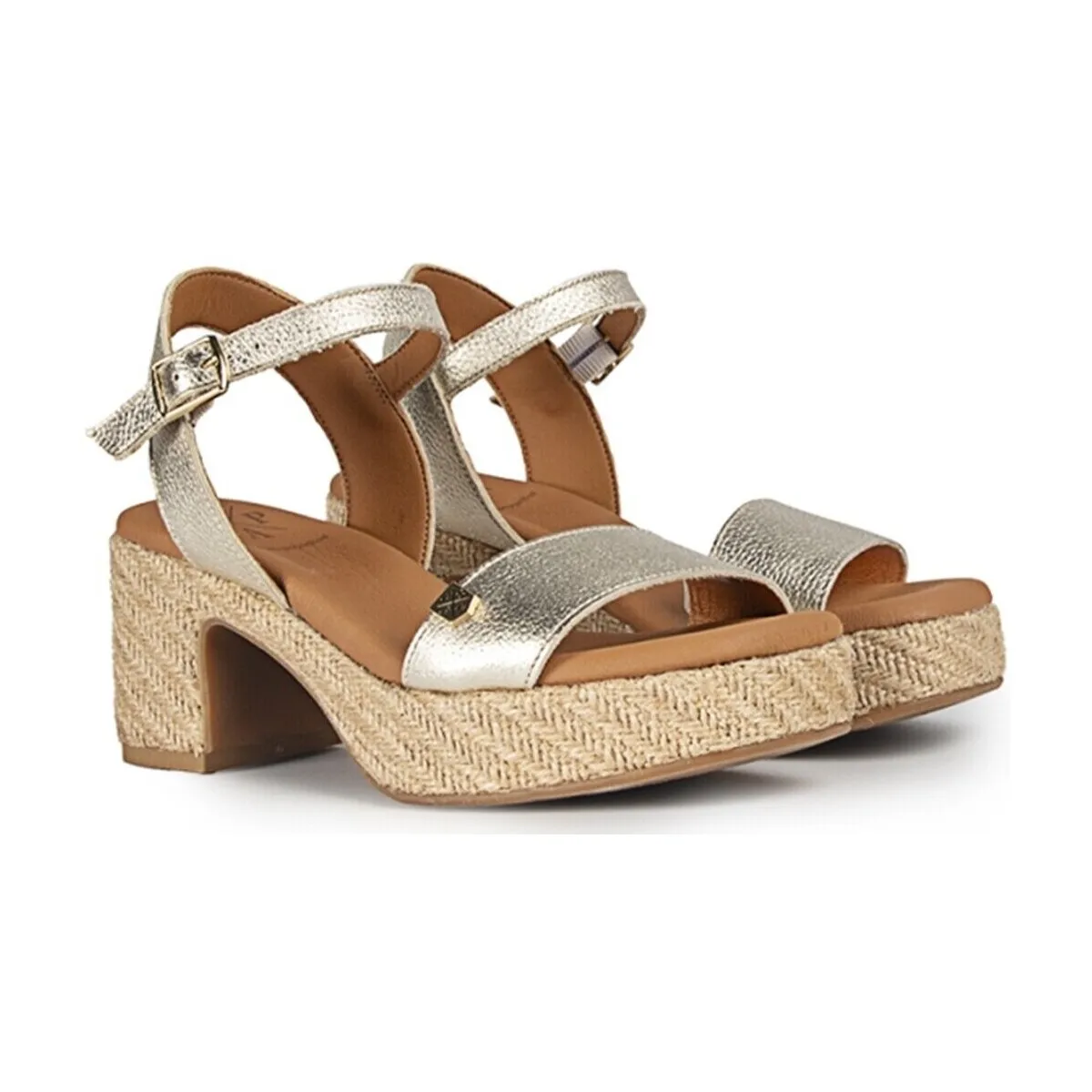 SANDALIAS DE YUTE CON TACÓN  BELICHE LAMINADO ORO