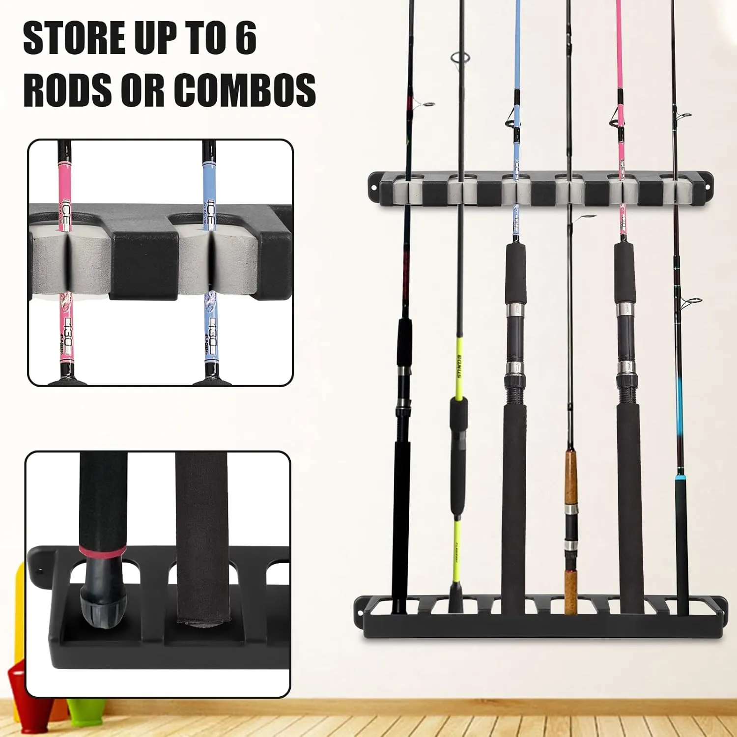 Soporte de Caña de Pescar Verticales para 6 cañas  Taco de Billar Soporte de Pared   ideal para cañas de pescar y otras barras d