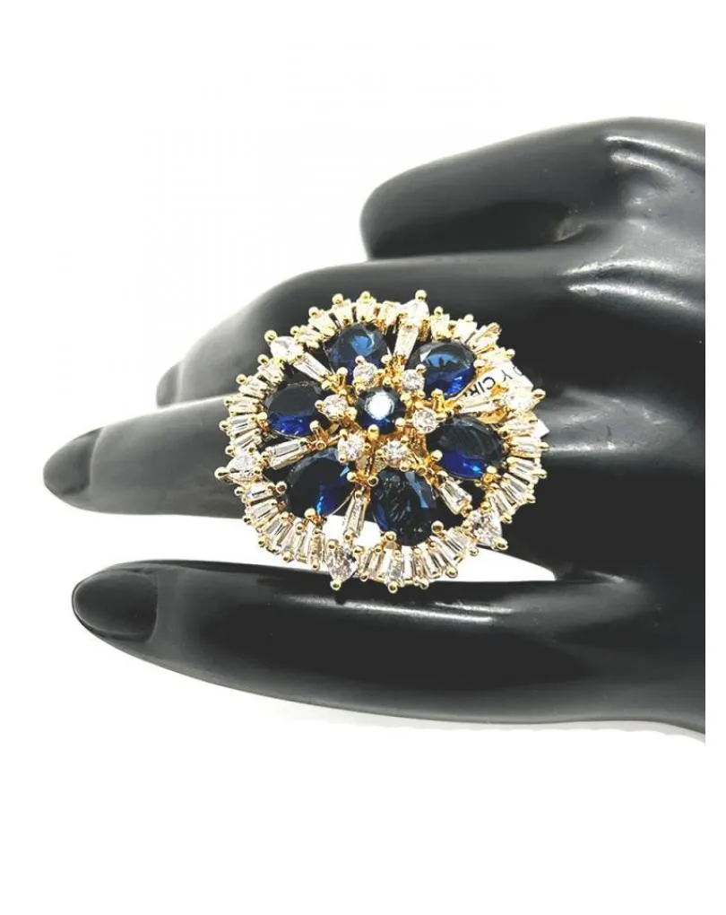 SORTIJAS ELEGANTES AZUL ZAFIRO ANILLO DE ROSETON CON CIRCON