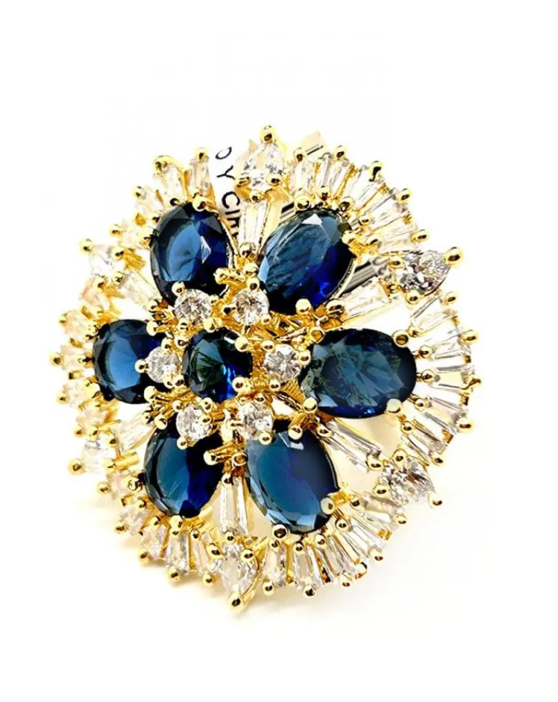 SORTIJAS ELEGANTES AZUL ZAFIRO ANILLO DE ROSETON CON CIRCON