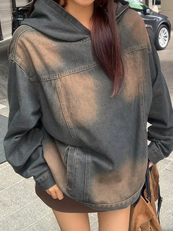 Sudadera con capucha extragrande de mezclilla desgastada vintage