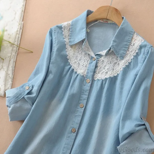 Sweet Fresh Loose Lace Denim Shirt