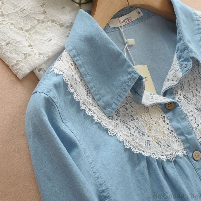 Sweet Fresh Loose Lace Denim Shirt