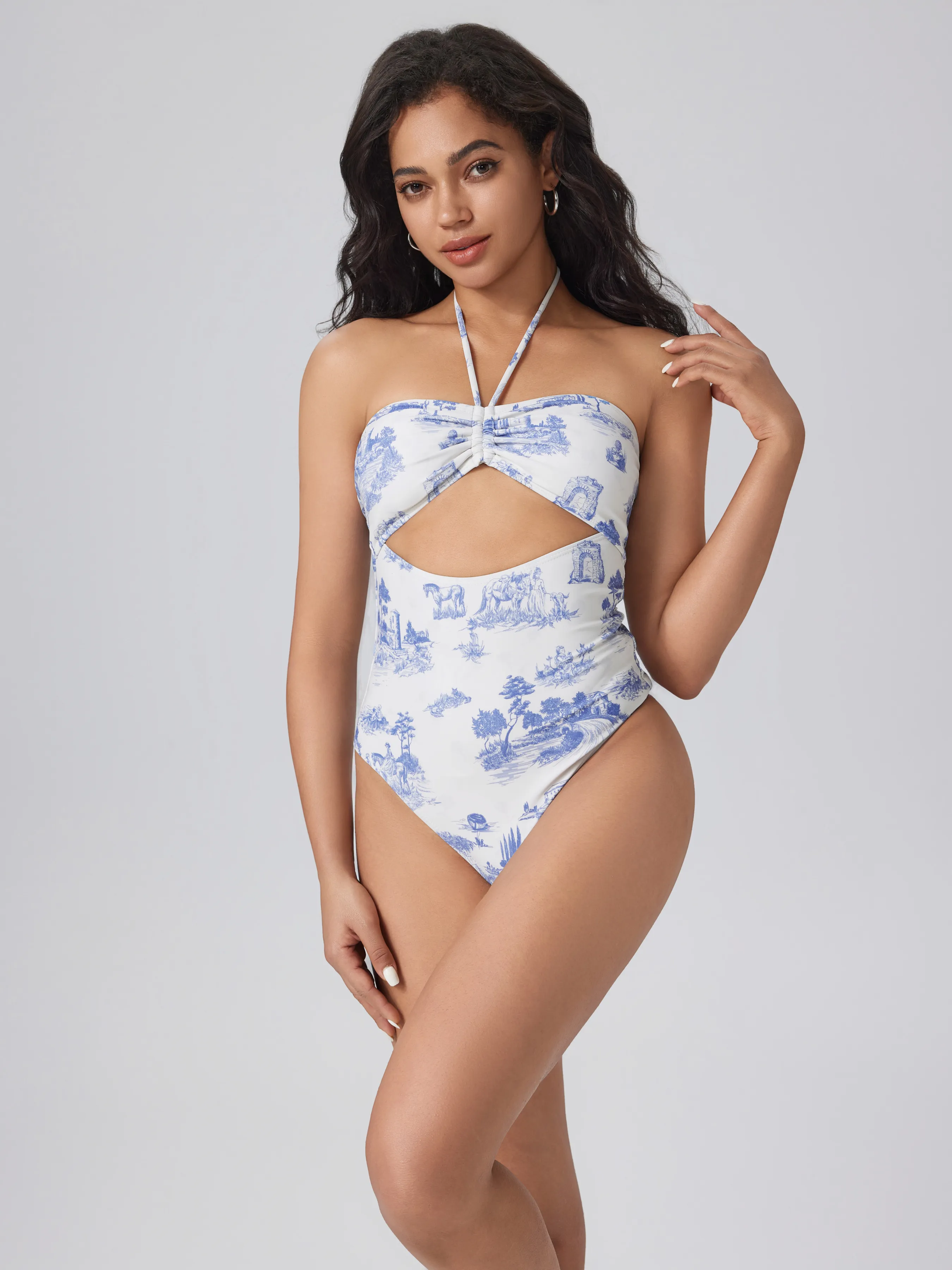 Traje de baño de una pieza con control de abdomen y recorte Toile De Jouy para vacaciones en la playa de Santorini