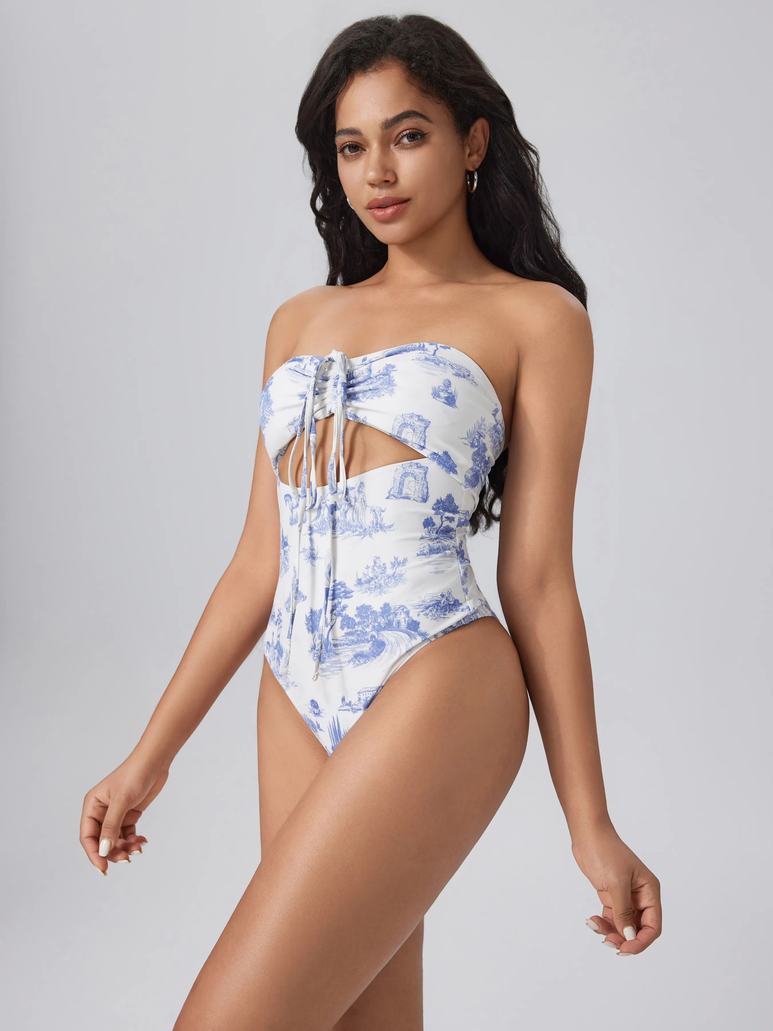 Traje de baño de una pieza con control de abdomen y recorte Toile De Jouy para vacaciones en la playa de Santorini
