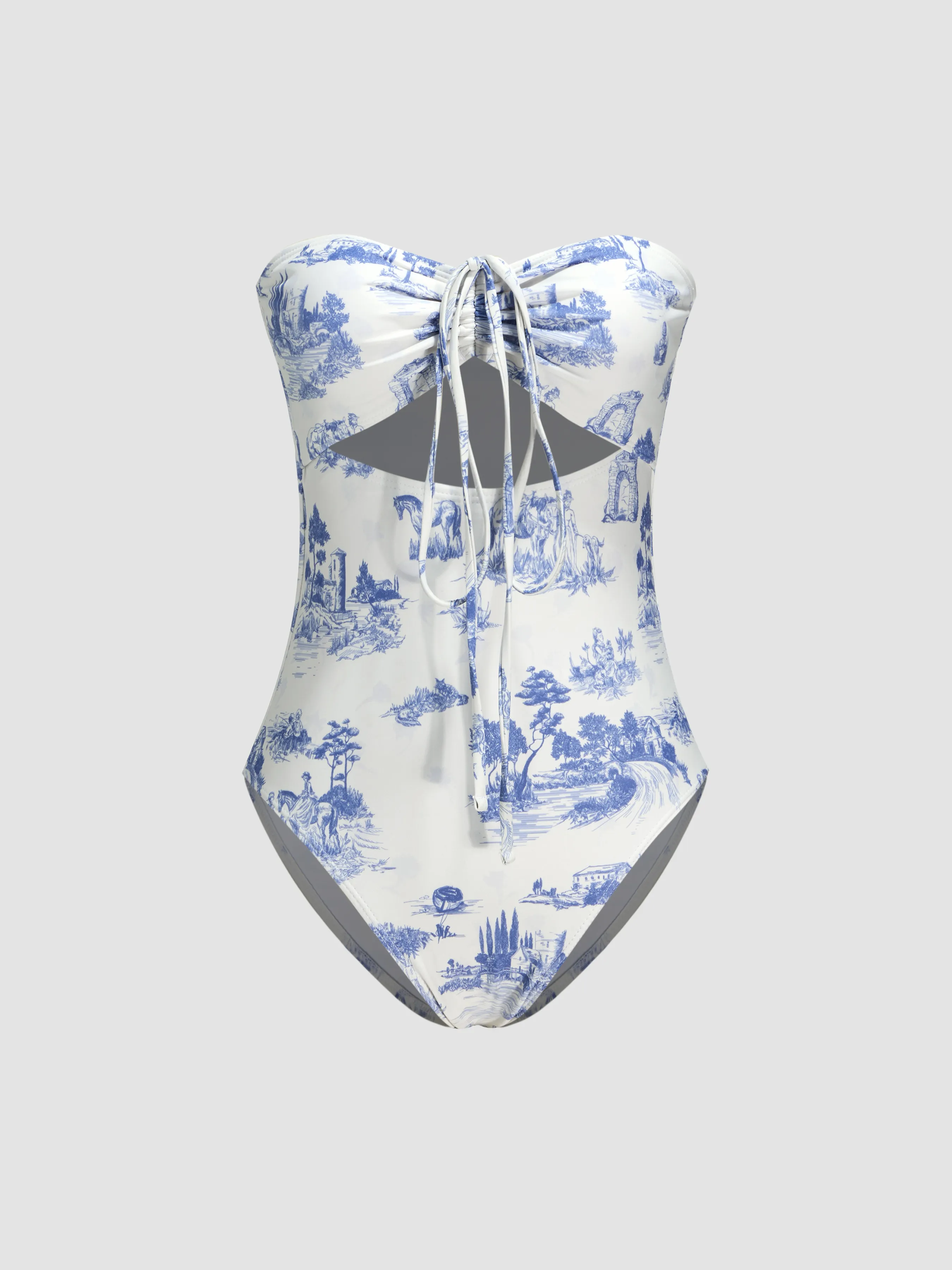 Traje de baño de una pieza con control de abdomen y recorte Toile De Jouy para vacaciones en la playa de Santorini