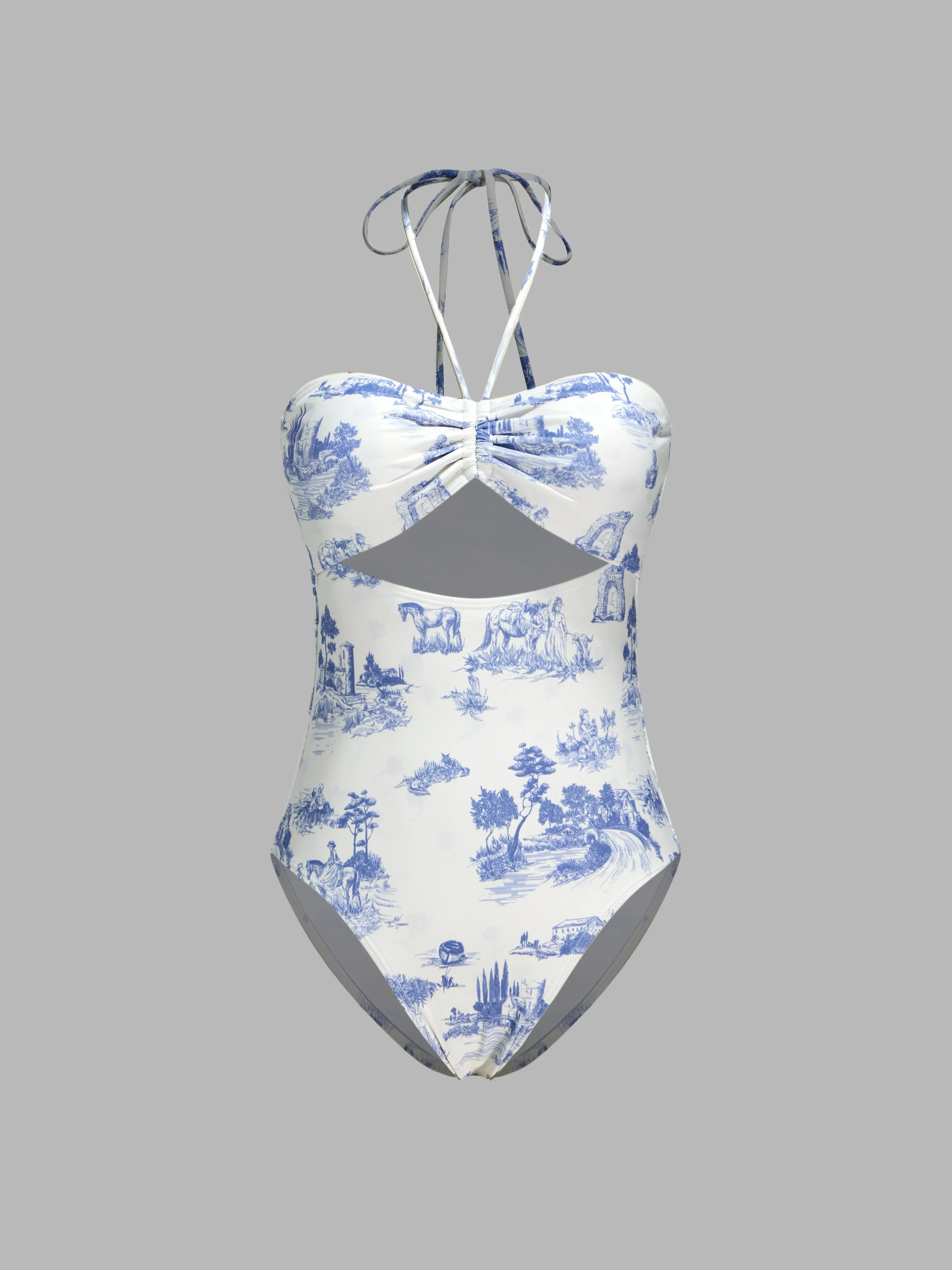 Traje de baño de una pieza con control de abdomen y recorte Toile De Jouy para vacaciones en la playa de Santorini