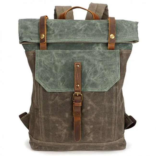Unique Man Retro Canvas Buckle Leather Waterproof Square Flap School Backpack Large Travel Backpack