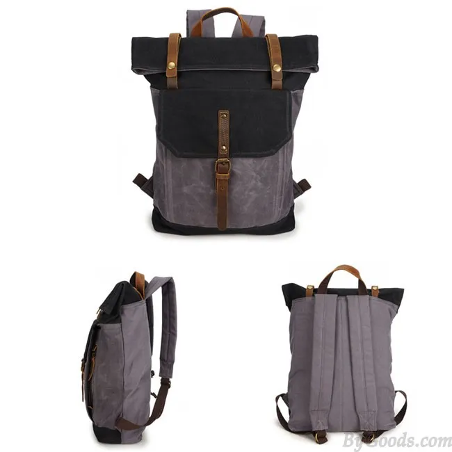 Unique Man Retro Canvas Buckle Leather Waterproof Square Flap School Backpack Large Travel Backpack