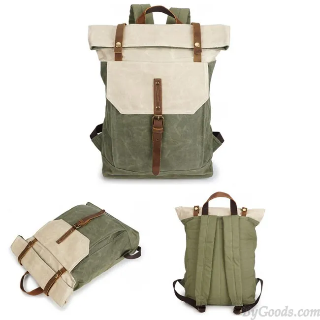 Unique Man Retro Canvas Buckle Leather Waterproof Square Flap School Backpack Large Travel Backpack