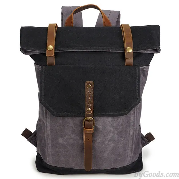 Unique Man Retro Canvas Buckle Leather Waterproof Square Flap School Backpack Large Travel Backpack