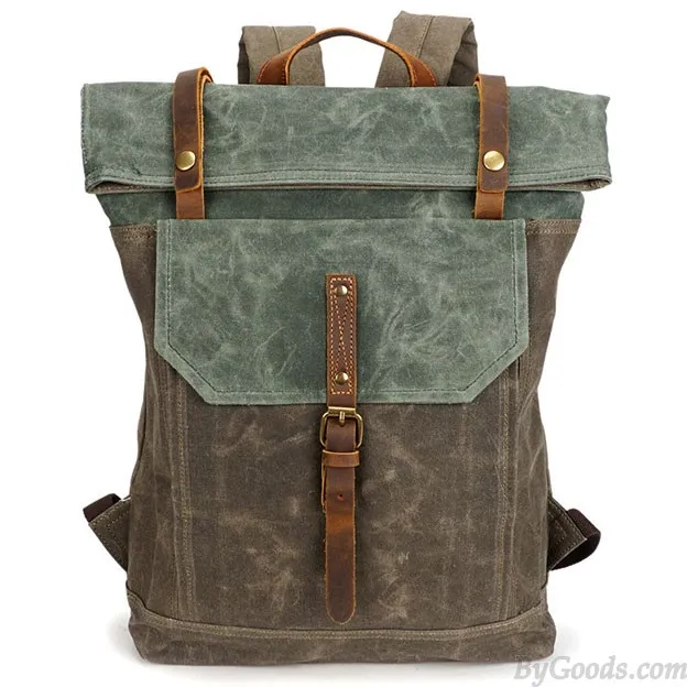 Unique Man Retro Canvas Buckle Leather Waterproof Square Flap School Backpack Large Travel Backpack