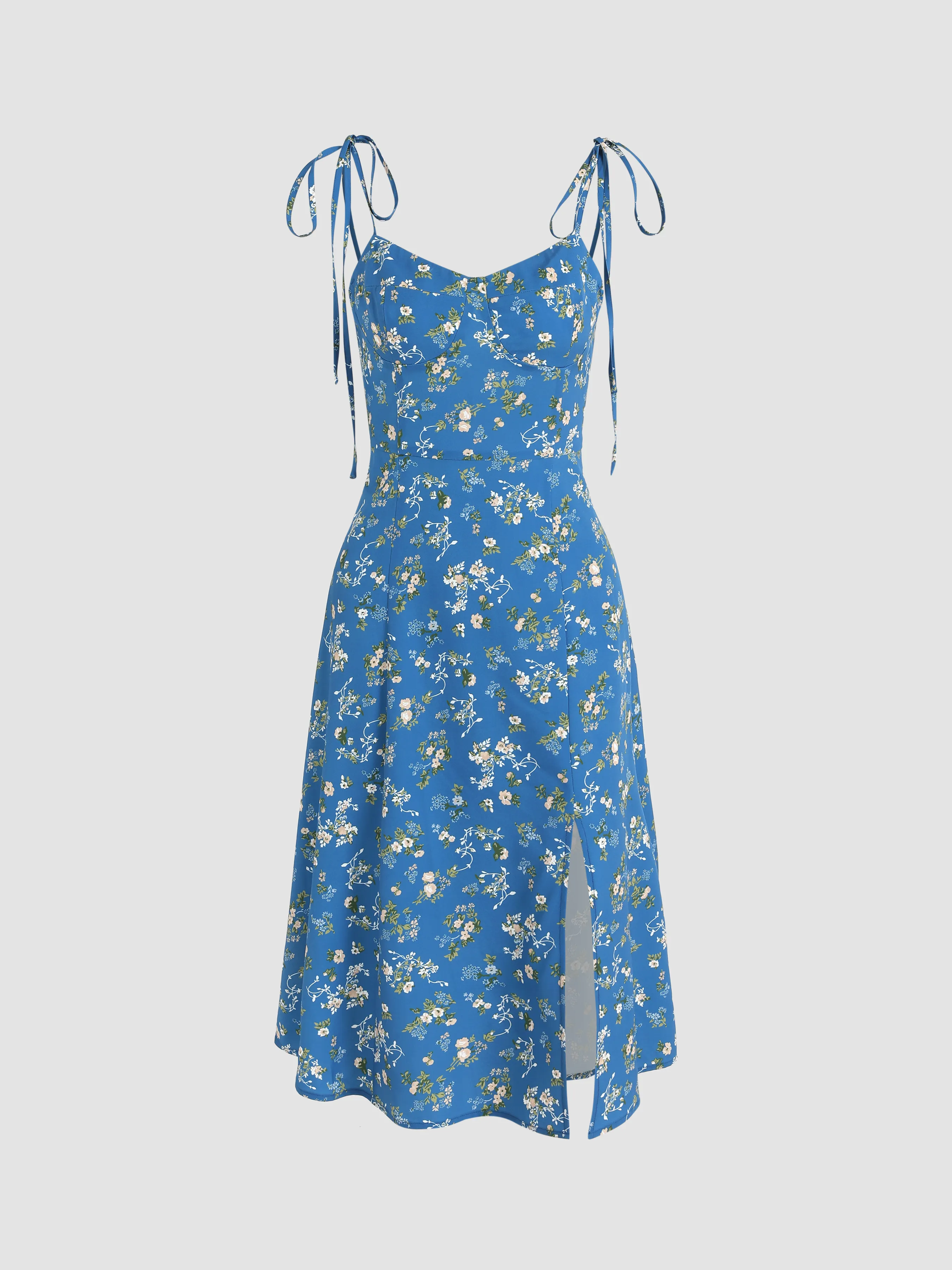 Vestido Midi con Abertura y Lazo en el Hombro de Flores Menudas para Vacaciones en la Playa de Santorini
