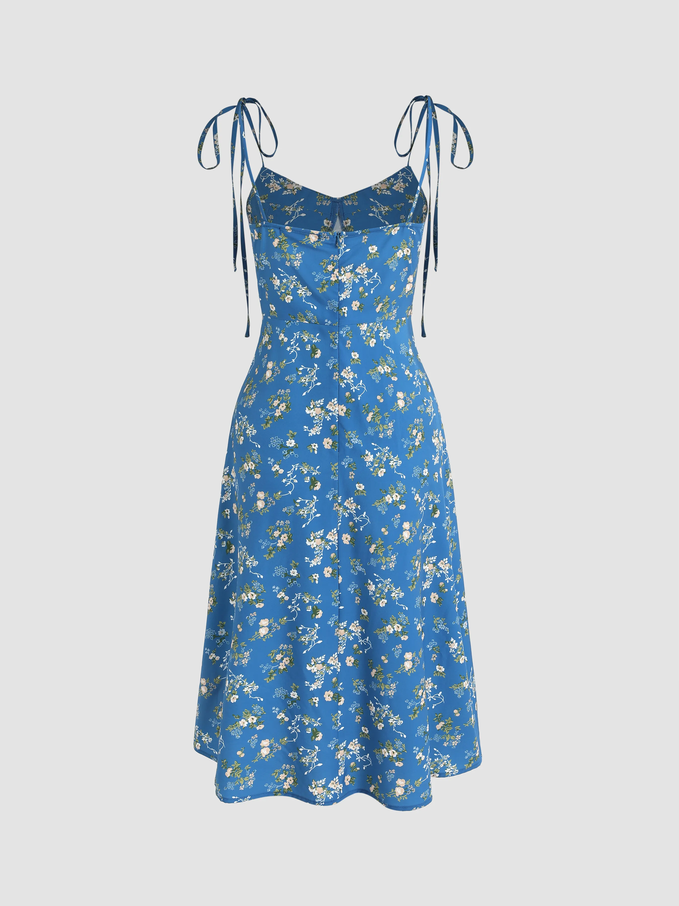 Vestido Midi con Abertura y Lazo en el Hombro de Flores Menudas para Vacaciones en la Playa de Santorini