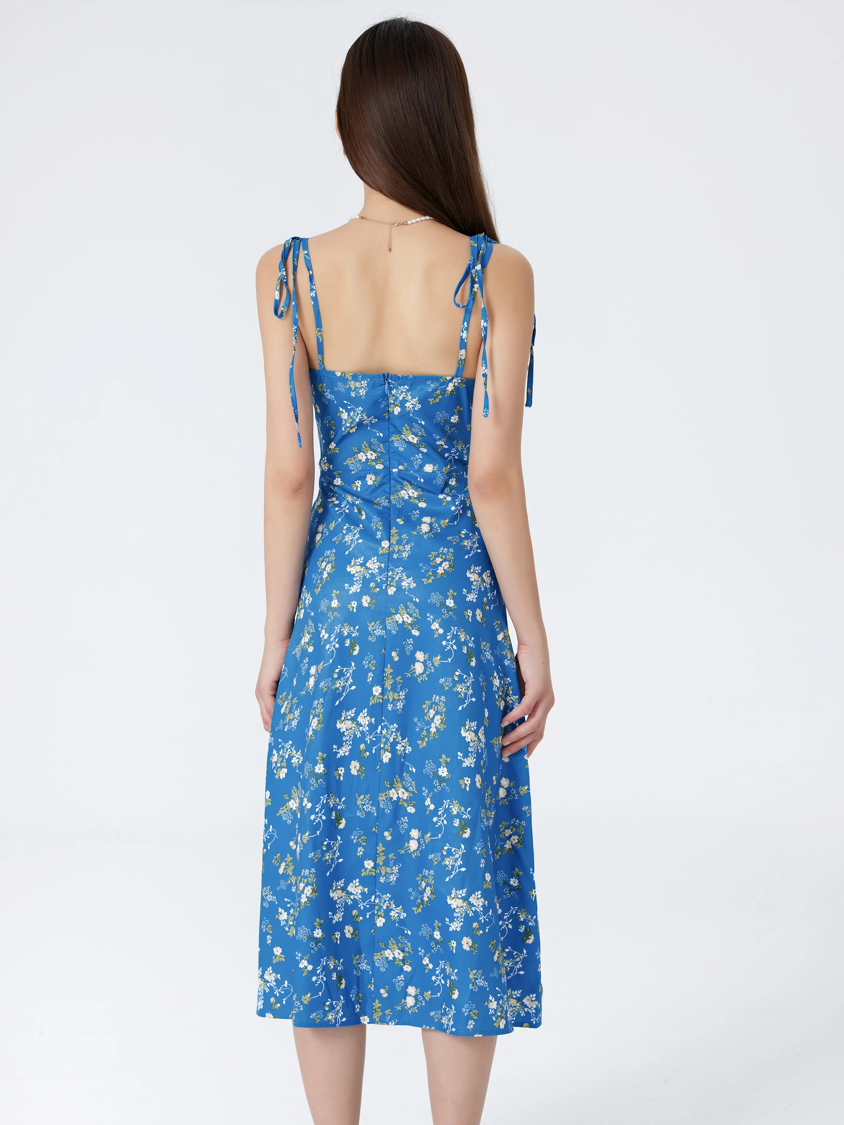 Vestido Midi con Abertura y Lazo en el Hombro de Flores Menudas para Vacaciones en la Playa de Santorini