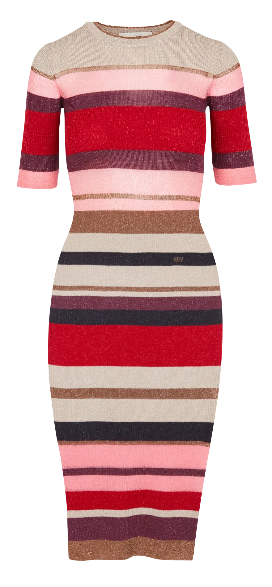 Vestido midi de lana a rayas con cuello redondo en multicolor
