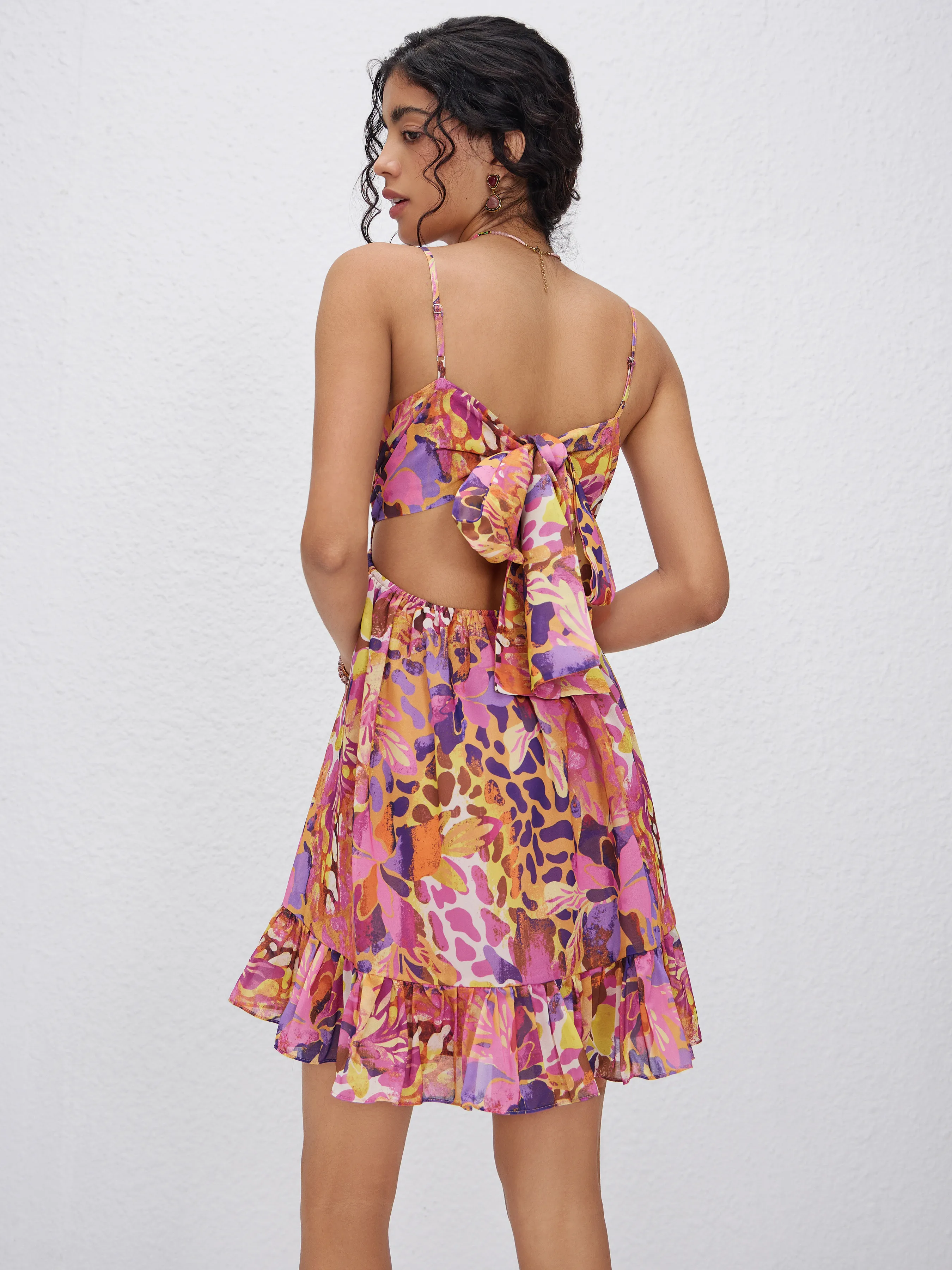 Vestido Mini de Gasa con Volantes Azteca y Escote Corazón para Vacaciones en el Atardecer de Miami