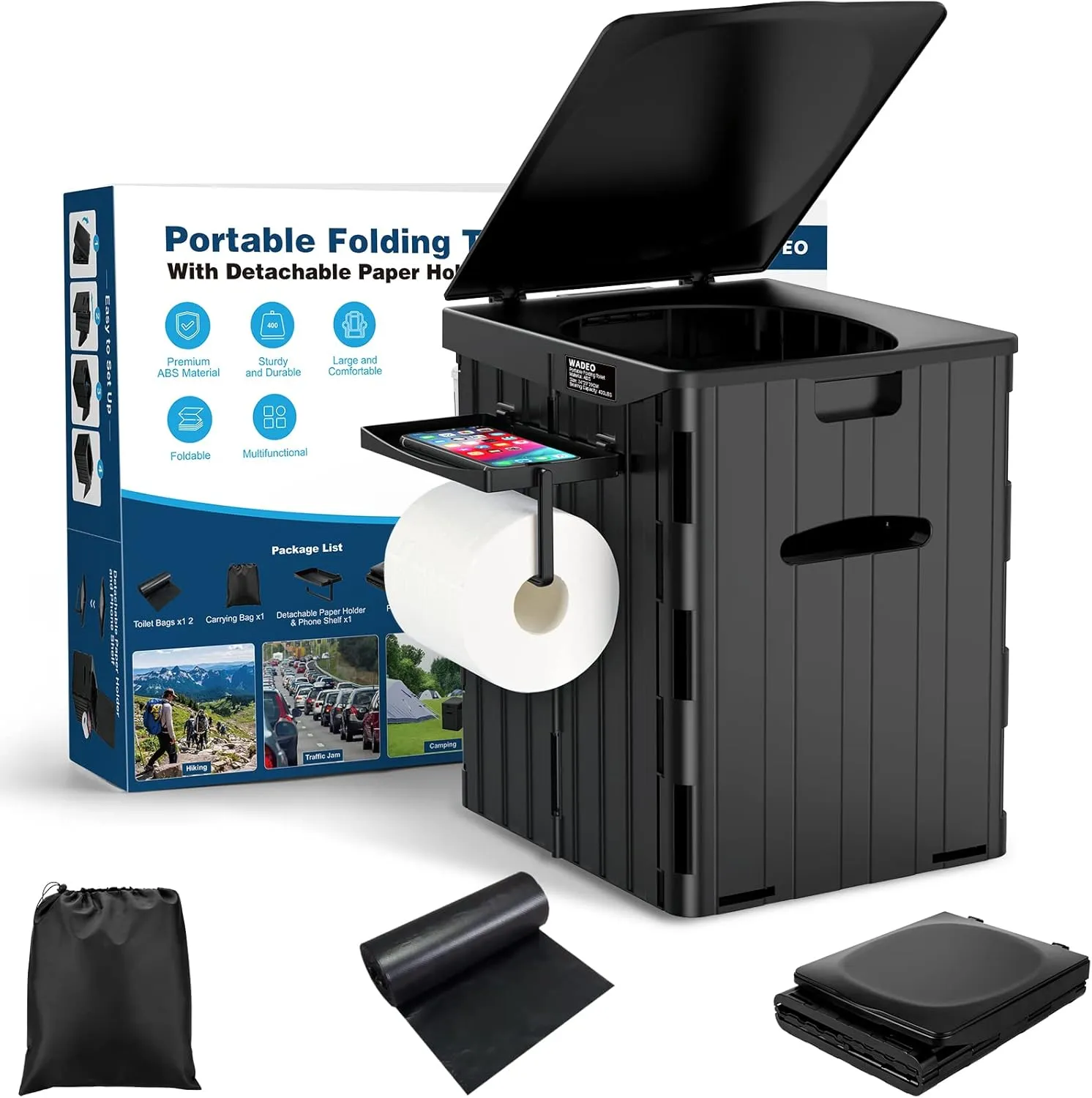 WADEO Inodoro Portátil para Camping  Inodoro Móvil de 39 cm de Alto  Inodoro Plegable con Portarrollos de Papel y Bandeja para T