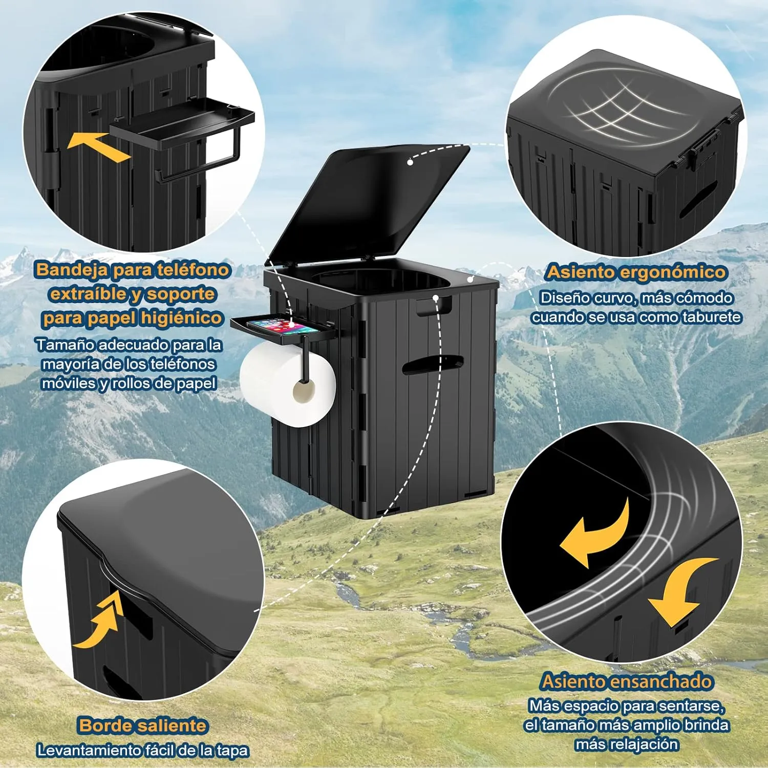 WADEO Inodoro Portátil para Camping  Inodoro Móvil de 39 cm de Alto  Inodoro Plegable con Portarrollos de Papel y Bandeja para T