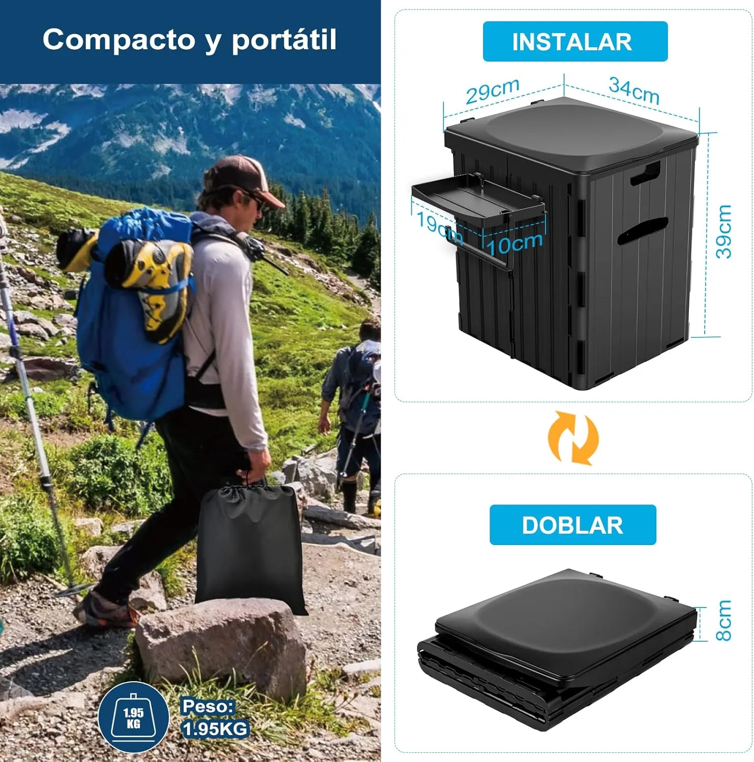 WADEO Inodoro Portátil para Camping  Inodoro Móvil de 39 cm de Alto  Inodoro Plegable con Portarrollos de Papel y Bandeja para T