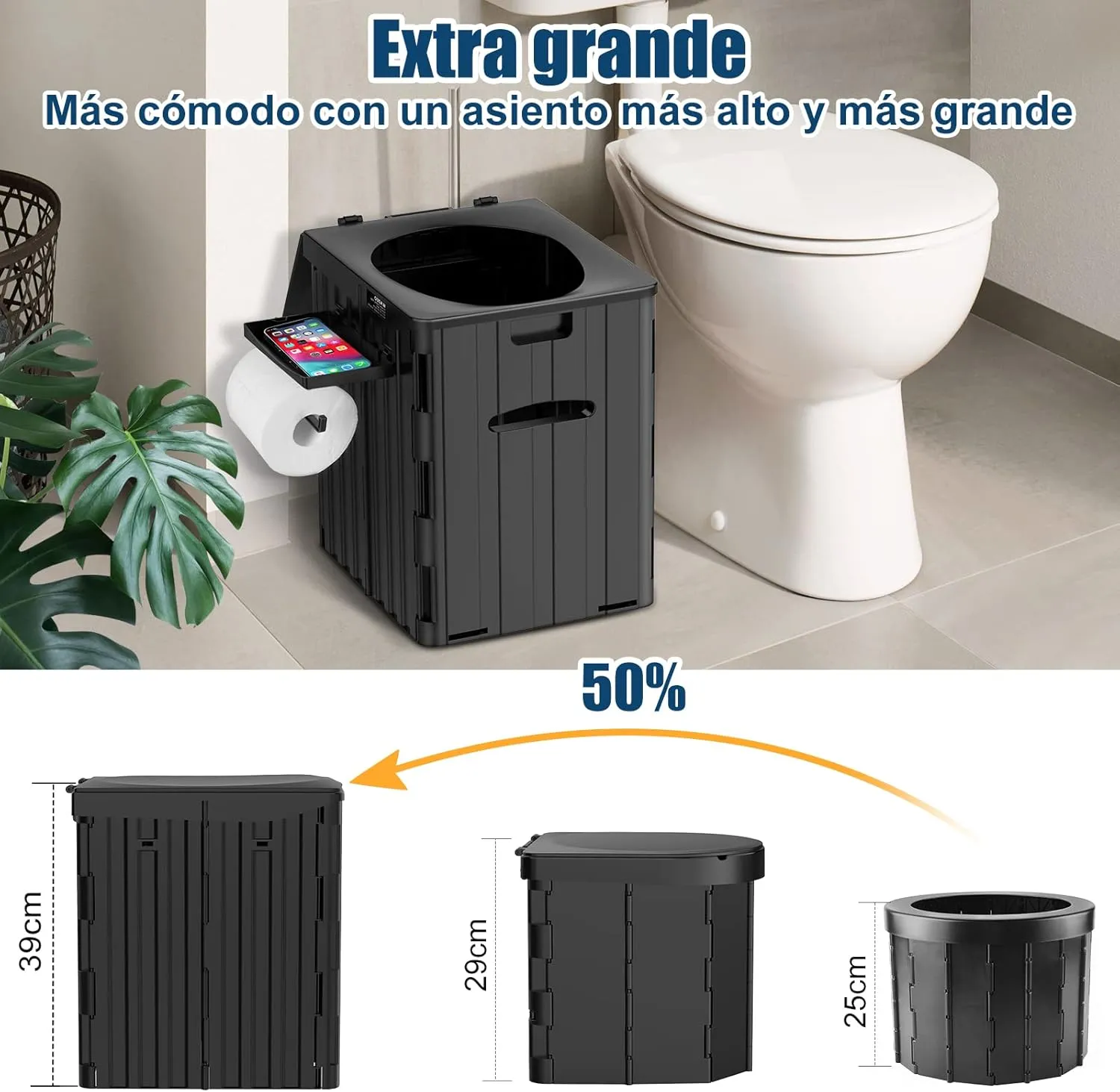 WADEO Inodoro Portátil para Camping  Inodoro Móvil de 39 cm de Alto  Inodoro Plegable con Portarrollos de Papel y Bandeja para T