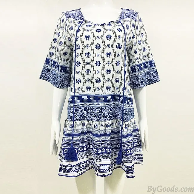 Women's Half Sleeves Blue And White Porcelain Printing National Style Loose Skirt