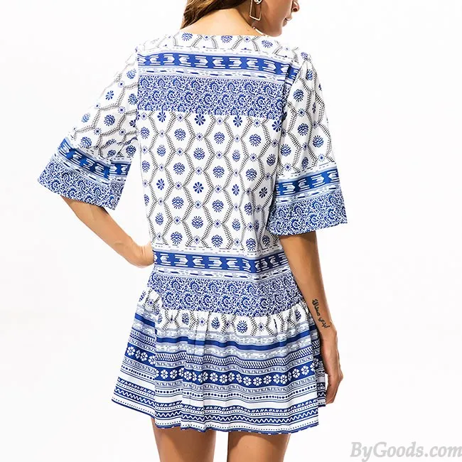 Women's Half Sleeves Blue And White Porcelain Printing National Style Loose Skirt