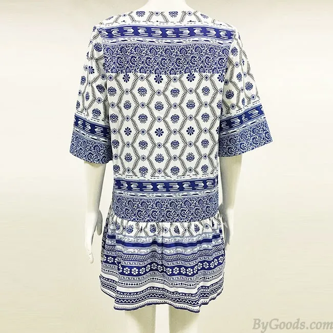 Women's Half Sleeves Blue And White Porcelain Printing National Style Loose Skirt