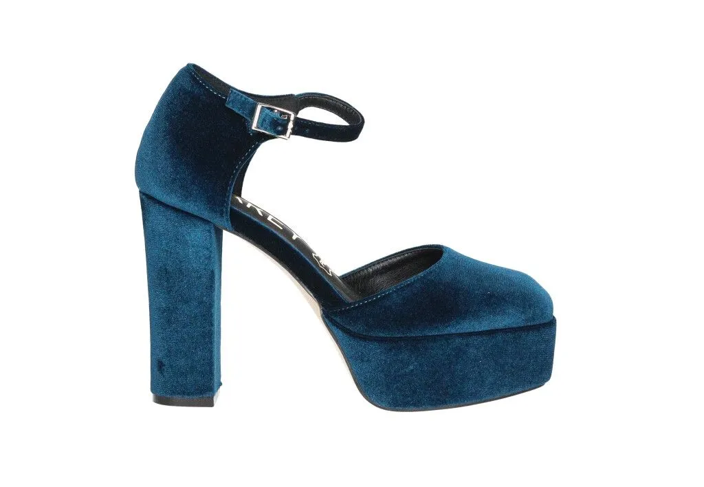 Zapato Terciopelo Azul Lados Abiertos Pulsera Hebilla