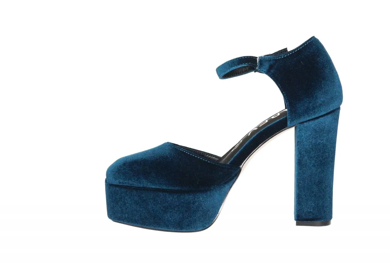 Zapato Terciopelo Azul Lados Abiertos Pulsera Hebilla